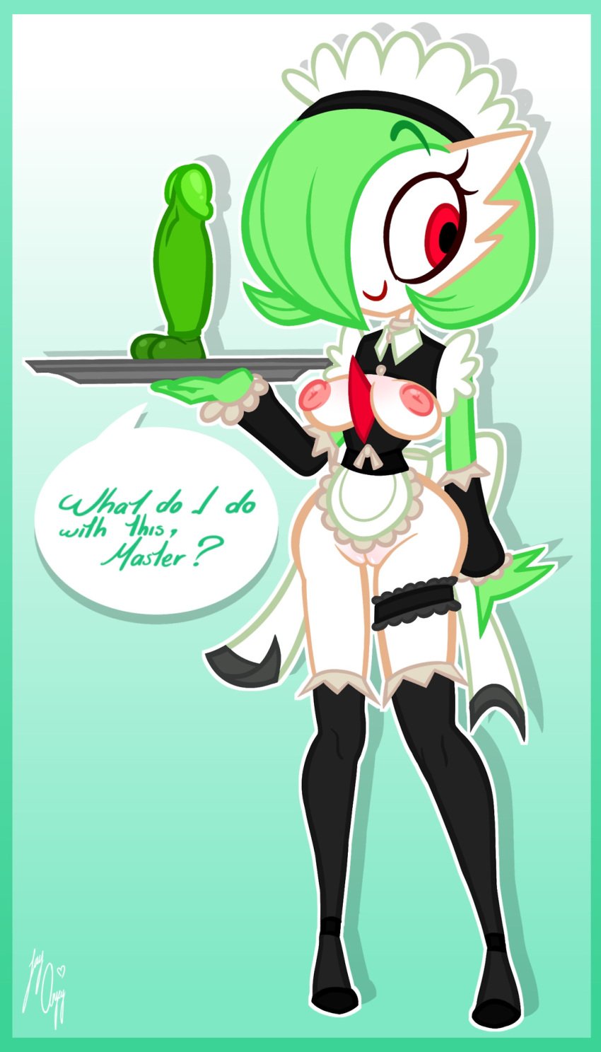 1female 2010s 2017 armwear black_thighhighs bottomless bottomless_female bottomless_shoes breasts_out commission dildo english english_text gardevoir garter_band gradient_background green_dildo green_hair imminent_dildo_insertion j-madeye jay-onjey maid maid_apron maid_bow maid_headdress maid_uniform nipples pink_nipples pokemon pokemon_(species) red_eyes servant serving_tray shoes smile speaking_to_viewer speech_bubble thighhighs white-skinned_female white_shirt