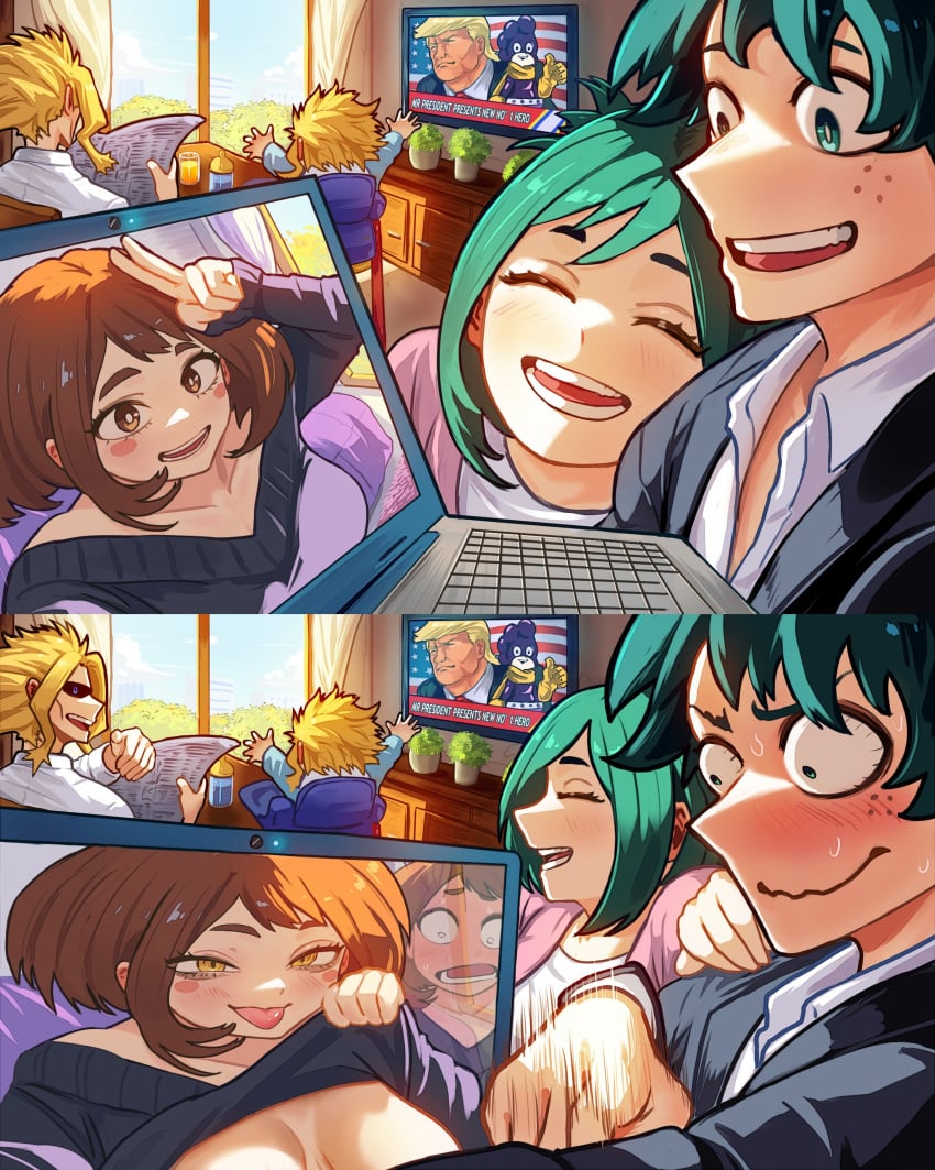 2koma blush_stickers boku_no_hero_academia brown_eyes brown_hair convenient_censoring flashing flashing_breasts himiko_toga if_they_mated inko_midoriya izuku_midoriya laptop lifted_by_self naughty_face no_bra non_canon ochako_uraraka possession sweater sweater_lift video_call vlizz yellow_eyes