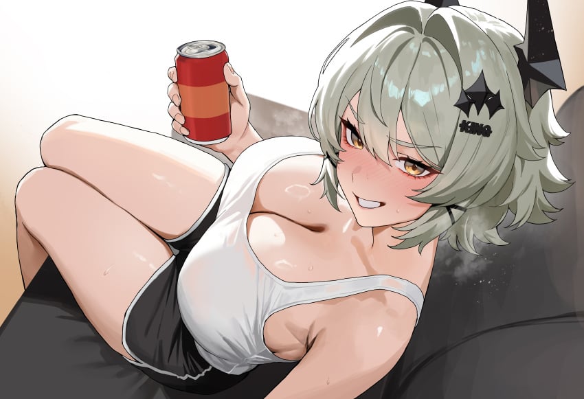 absurdres black_horns black_shorts breasts caesar_king_(zenless_zone_zero) camisole can cleavage commentary_request couch dolphin_shorts drink_can female from_above green_hair hair_ornament highres holding holding_can horns korean_commentary large_breasts mokopan on_couch open_mouth short_hair shorts sitting solo tags: teeth textless_version thighs white_camisole yellow_eyes zenless_zone_zero