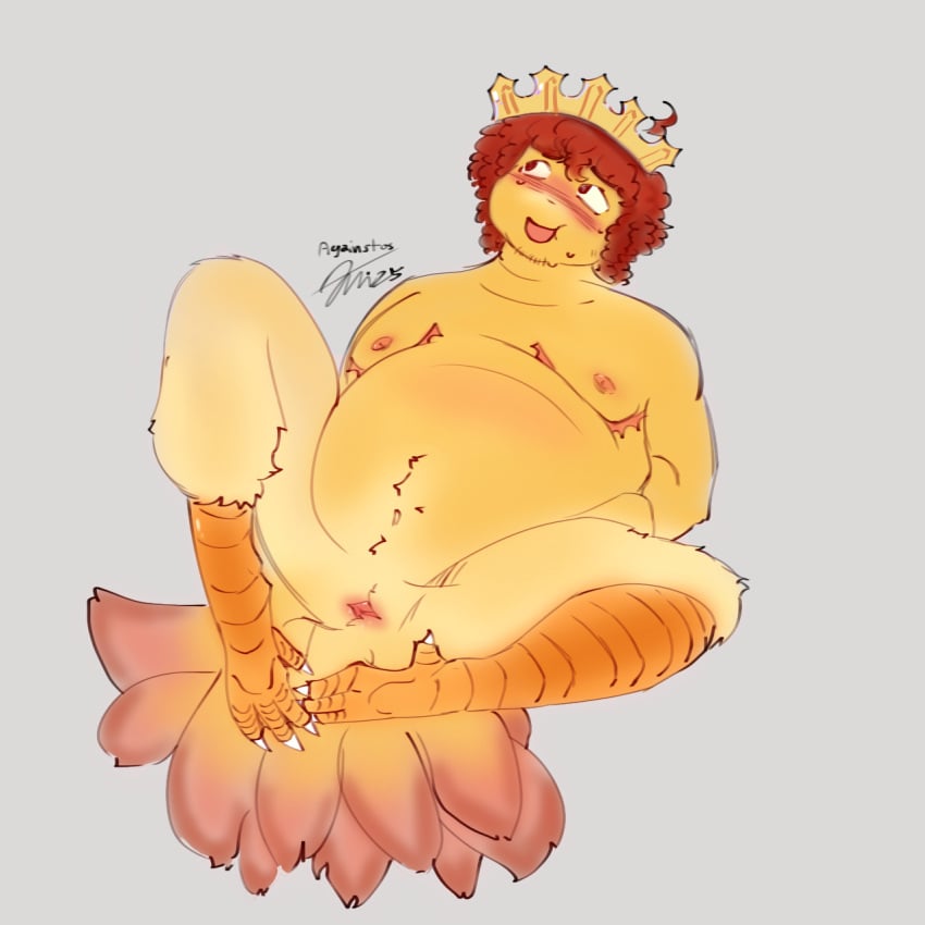 1boy chicken chicken_leg chubby cloaca crown curly_hair embarrassed feathers forsaken forsaken_(character) forsaken_(roblox) grey_background hybrid legs_spread looking_away overweight shedletsky top_surgery_scars yellow_skin