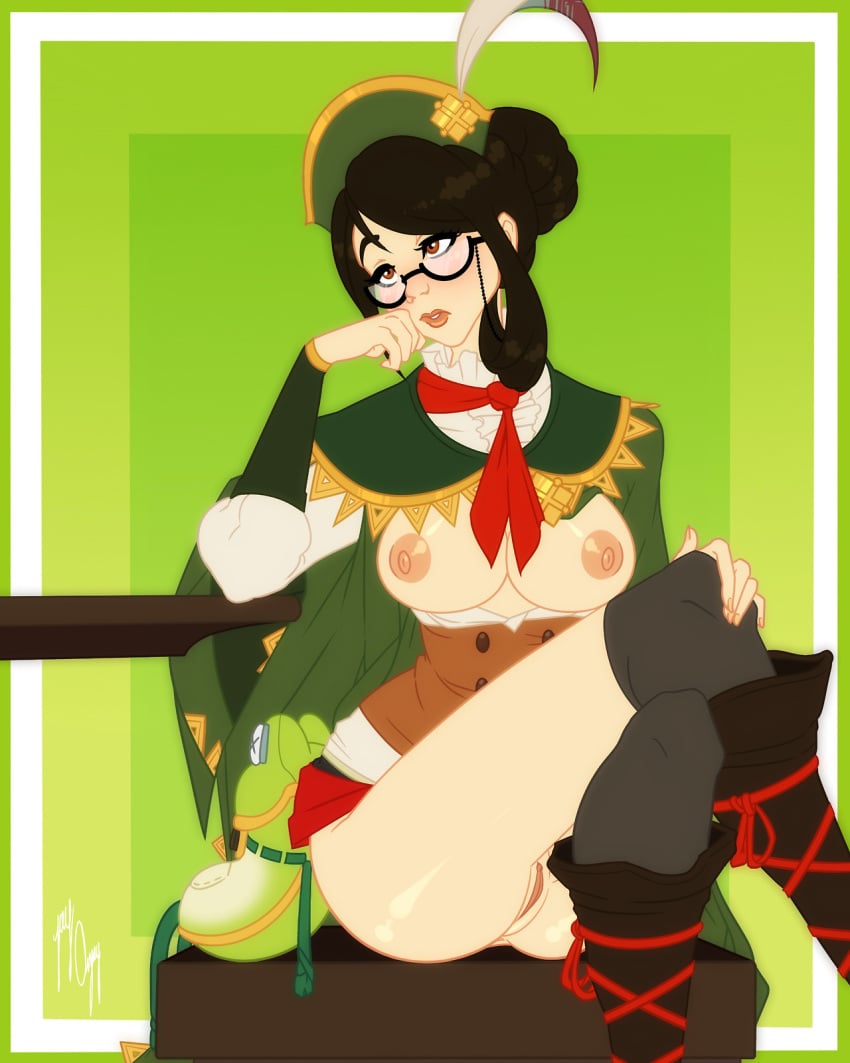 2010s 2017 ass black_hair boots bow breasts_out brown_eyes cap capcom cloak daydreaming exposed_pussy female girl glasses green_background green_cloak guildmarm_(monster_hunter) hair_up hand_on_knee j-madeye jay-onjey knuckles_on_chin legs_crossed light-skinned_female lipstick monster_hunter monster_hunter_4 monster_hunter_4_ultimate pussy sitting skirt_up solo stuffed_animal stuffed_frog tagme thighhighs thighs vagina waist_vest