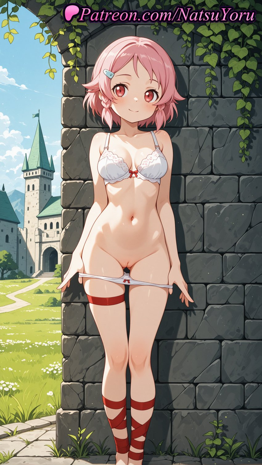 1girls 2025 ai ai_assisted ai_generated alfheim_online anime anime_style ankle_lace-up ass_visible_through_thighs bangs bare_arms bare_shoulders barefoot blue_sky blush bow bow_bra bow_panties bra braid breasts brick_wall building bust busty castle cleavage cleft_of_venus closed_mouth cloud collarbone day exhibitionism feet_out_of_frame female female_focus female_only flower freckles full_body grass hair_ornament hairclip hentai hi_res high_quality high_resolution highres leg_ribbon lisbeth looking_at_viewer medium_breasts natsuyoru navel outdoors paipan panties panties_down pantsu panty_pull parted_bangs patreon pink_eyes pink_hair plant public_indecency public_nudity pulled_by_self pussy red_bow red_eyes red_footwear red_ribbon ribbon shadow shinozaki_rika short_hair sky smile solo solo_female stable_diffusion standing stomach stone_wall sword_art_online sword_art_online:_fairy_dance sword_art_online_alicization thigh_gap thigh_strap uncensored underwear underwear_only vagina voluptuous voluptuous_female white_bra white_panties