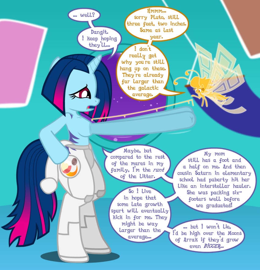 anthro arm_hooves bi-quad big_nipples breasts breezie dialogue dissappointed english_text female flashequestria hyper impossibly_large_nipples impossibly_long_nipples long_nipples my_little_pony nipples oc oc_only open_mouth pixel_dust_(oc) pluto_planitia_(oc) spacesuit speech_bubble text unguligrade_anthro unicorn what