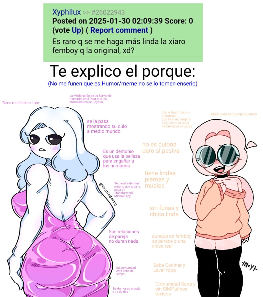 1femboy 1girls ass comment dress eyes femboy gana glasses_on_face hair humor humor_porn le meme outfit socks spanish_text thighs versus xiaro