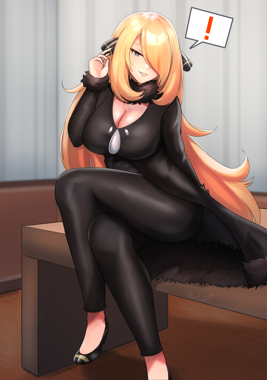 ! absurdres arm_behind_back black_coat blonde_hair breasts cleavage coat creatures_(company) crossed_legs cynthia_(pokemon) desk female foot_out_of_frame fur_collar fur_trim game_freak grey_eyes hair_ornament hair_over_one_eye hand_up highres large_breasts long_hair nintendo on_desk parted_lips pokemon pokemon_dppt sitting solo spoken_exclamation_mark taut_clothes taut_pants thighs very_long_hair zet_(twt_zet)