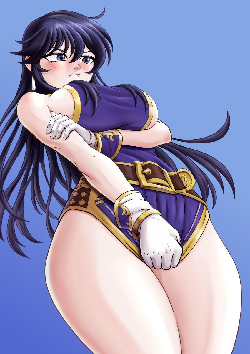 1girls anander ayra_(fire_emblem) black_hair blush blush clenched_teeth covering covering_crotch embarrassed fire_emblem fire_emblem:_genealogy_of_the_holy_war grey_eyes larcei_(fire_emblem)_(cosplay) large_breasts nintendo pulling_down_skirt thick_thighs undersized_clothes