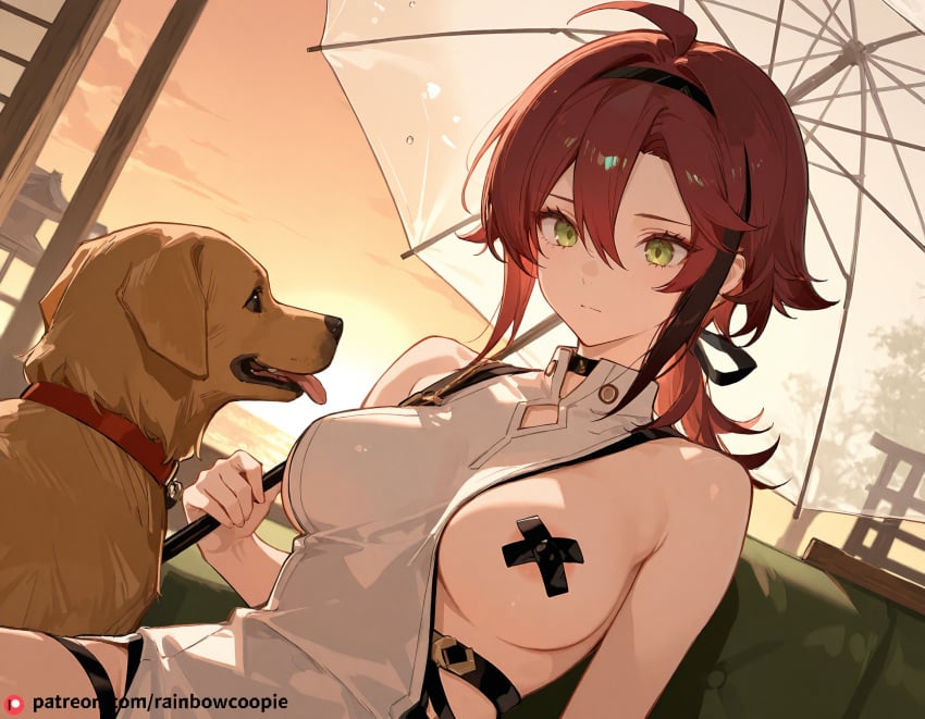 ai_generated breasts canine dog genshin_impact green_eyes large_breasts one_breast_out pasties red_hair shikanoin_heizou sitting tongue_out transparent_umbrella umbrella