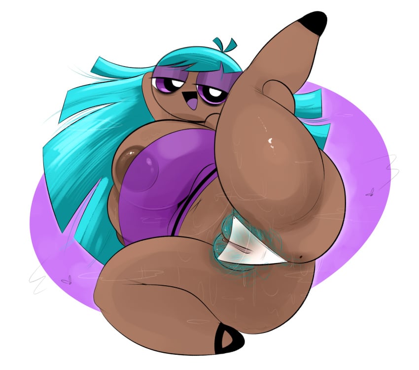 1girls areola_slip ass ass big_ass big_butt black_pupils bliss_utonium blue_hair blue_pubic_hair brown_areola brown_nipples cartoon_network clothed clothing female fly_(animal) huge_ass huge_butt human long_hair lying_on_side mole_(marking) mole_on_ass nipple_slip noseless on_side ota_(artist) powerpuff_girls pubic_hair pupils purple_eyes pussy solo sweat sweaty_ass sweaty_butt thick_thighs white_panties