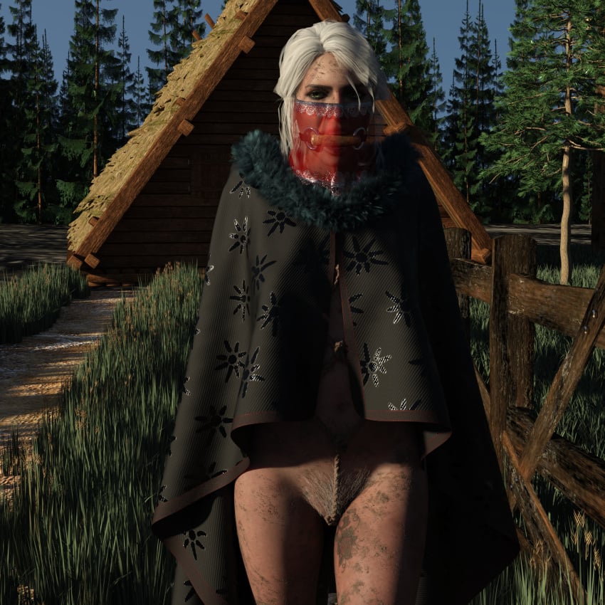 assmodeusbonds bondage captured captured_heroine cd_projekt_red ciri female filthy freckles gagged green_eyes light-skinned_female looking_at_viewer mascara pubic_hair pussy scar solo tattoo the_witcher_(series) the_witcher_3:_wild_hunt veil white_hair