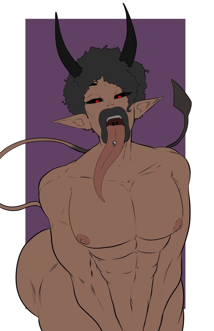 1boy black_hair black_horns black_lips black_sclera dark-skinned_femboy dark-skinned_male dark_skin demon femboy horns hotsriracha lips long_tongue muscular_femboy open_mouth original original_character roux_(rouxtremblay) solo solo_male tail thick_lips tongue_out tongue_piercing