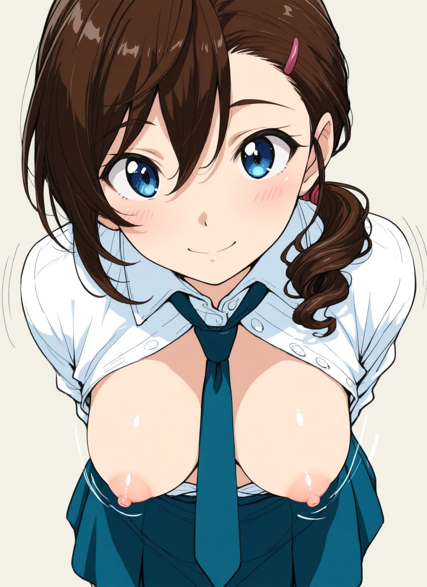 1girls ai_generated blue_eyes blush breast_grab breast_jiggle breasts brown_hair exposed_breasts gegege_no_kitarou grey_background hanging_breasts inuyama_mana large_breasts long_hair look nipples open_clothes school_uniform simple_background smile tie_between_breasts