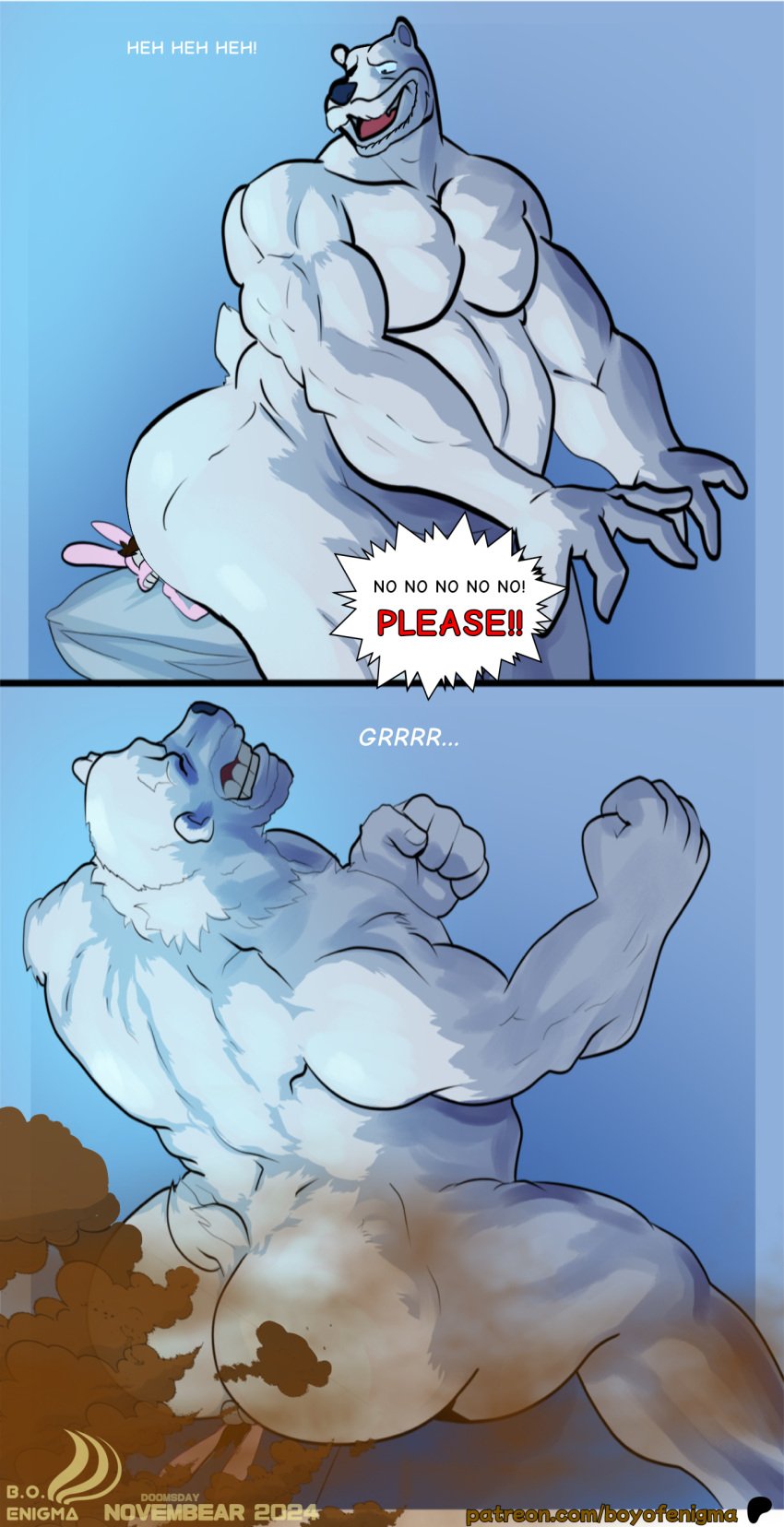 absurd_res anthro ass bear boyofenigma clenched_teeth duo extreme_size_difference facesitting fart fart_cloud fart_torture farting_on_another farting_on_face fur gassy hi_res lagomorph leporid male male/male mammal nude polar_bear rabbit sitting_on_another size_difference slightly_muscular smelly teeth ursine white_body white_fur