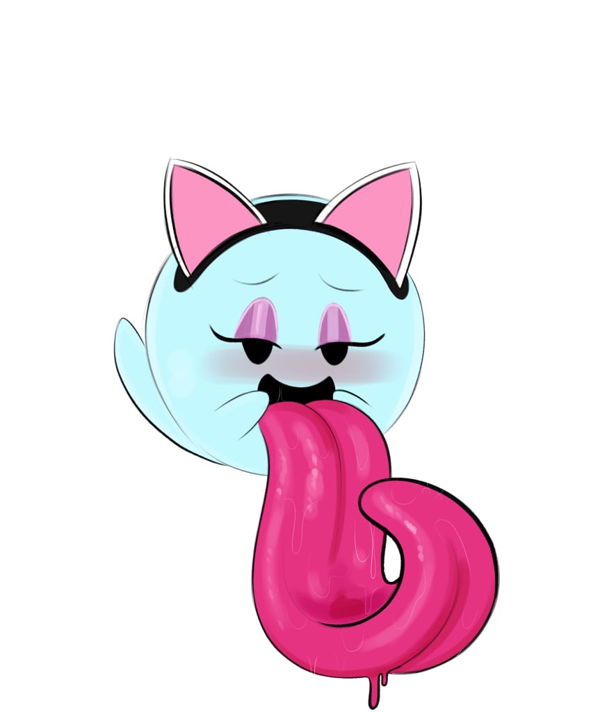 black_eyes blue_body blush boo_(mario) breath eyelashes fake_cat_ears fake_ears featureless_hands female ghost ghost_tail huge_tongue long_tongue mario_(series) ota_(artist) peeka_(mario) pink_tongue purple_eyeshadow saliva solo thick_tongue transparent_background waddling_head