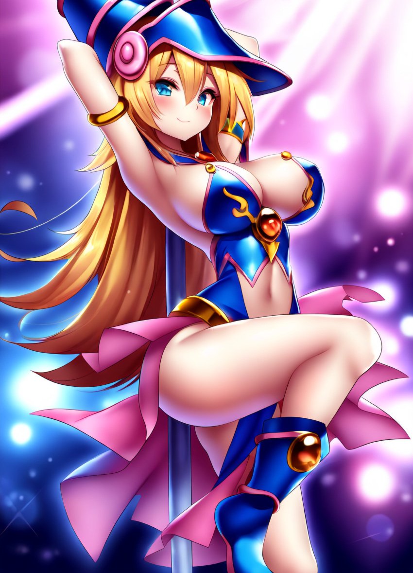 ai_generated arms_behind_back arms_behind_head big_breasts blonde_hair blue_eyes boots cleavage dark_magician_girl duel_monster female female_focus female_only hands_behind_head hat highres large_breasts long_hair looking_at_viewer midriff nai_diffusion raised_leg rubycks smile smiling smiling_at_viewer solo solo_female solo_focus stripper_pole thighs yu-gi-oh! yu-gi-oh!_duel_monsters