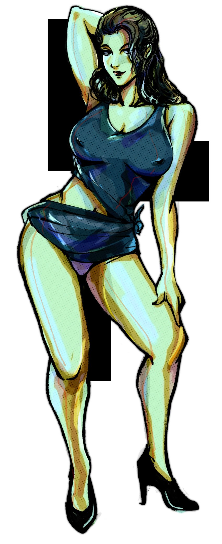 big_breasts brown_hair flashing_panties high_heels hourglass_figure metal_gear metal_gear_solid naomi_hunter nipples_visible_through_clothing panties pose solidusgrilo tagme