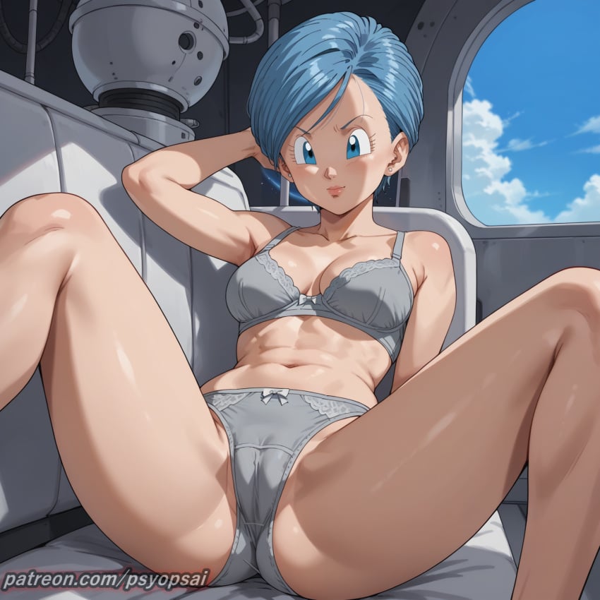 1girls ai_generated artist_name bra bulma_briefs cameltoe colored digital_media_(artwork) dragon_ball dragon_ball_z female female_focus female_only front_view legs legs_apart legs_up panties psyopsai solo solo_focus space spaceship spread_legs thighs underwear vagina watermark