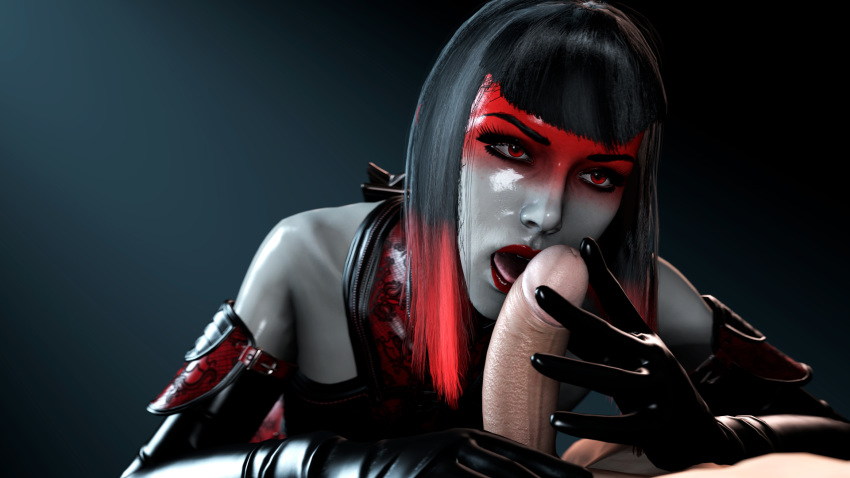 1boy 1girls 2017 3d absurdres bare_shoulders countess_(paragon) elbow_gloves erection eyebrows eyelashes female gloves grey_hair hair hands latex lips lipstick makeup male midnightsfm multicolored_hair nose open_mouth pale-skinned_female pale_skin paragon partial_male penis red_eyes red_hair red_lipstick rubber source_filmmaker tongue tongue_out vampire