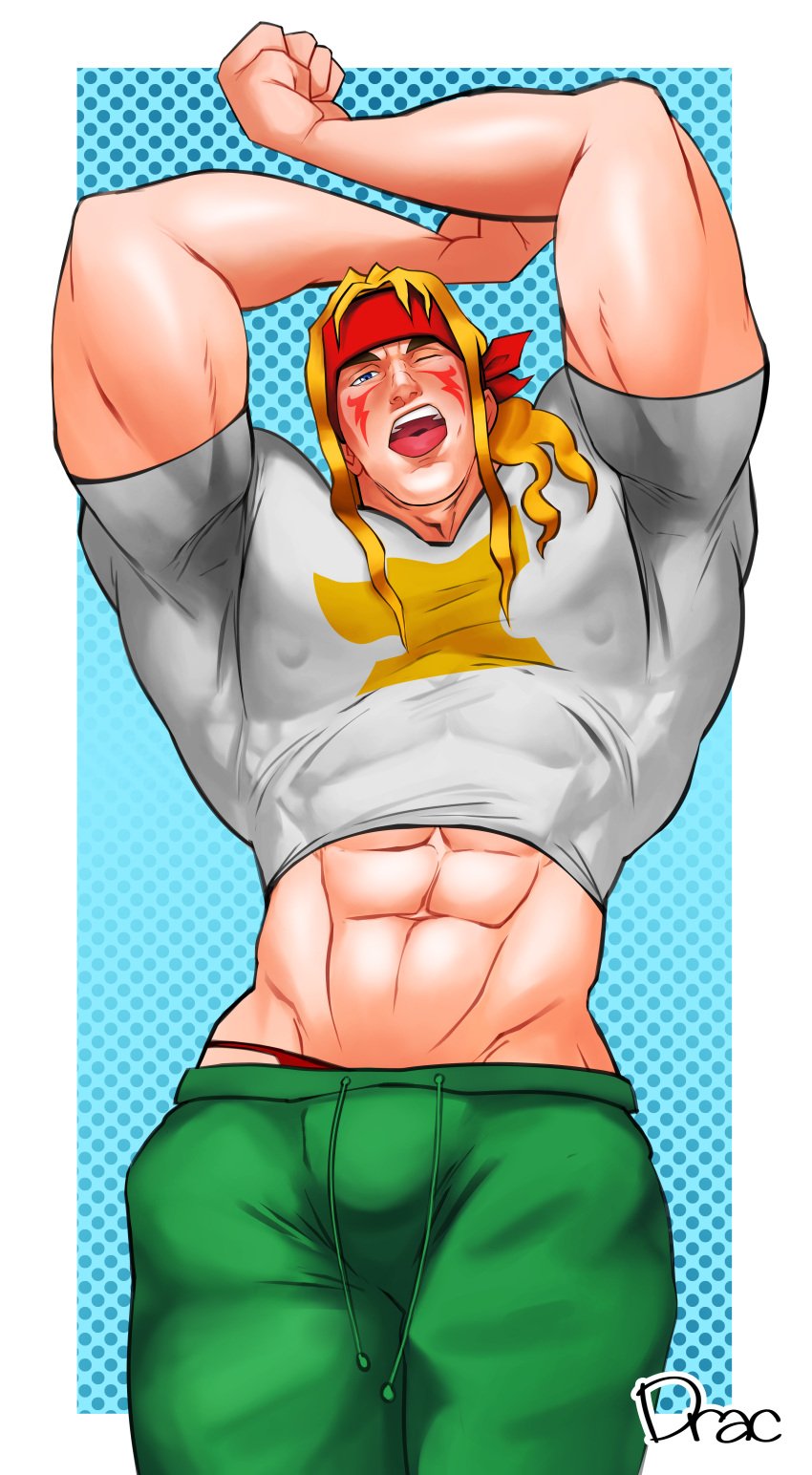 abs alex_(street_fighter) bara barazoku biceps bulge dracowel forearm_muscles human male male_only muscular muscular_male nipples nipples_visible_through_clothing obliques pecs red_underwear street_fighter sweatpants