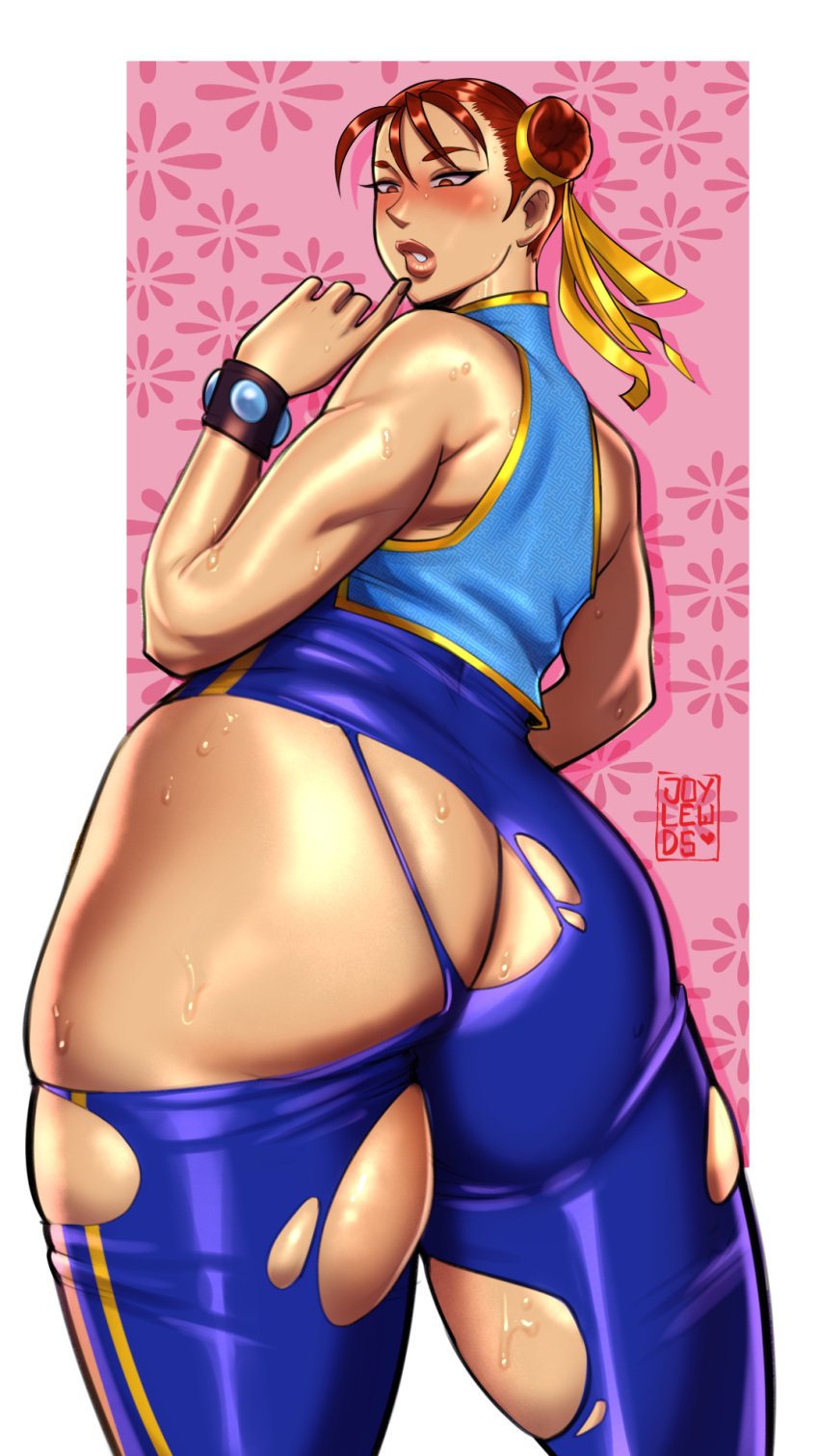 1girls asian asian_female big_ass blush chun-li dat_ass fat_ass finger_on_chin huge_ass joylewds looking_back looking_down mature_female milf ripped_clothing ripped_pants street_fighter sweat sweatdrop sweaty thick_ass