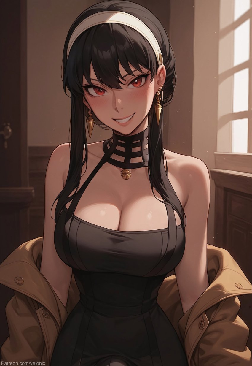 1futa 1futanari ai_generated big_ass big_breasts big_penis black_clothing black_dress black_hair breasts bulge bulge_through_clothing clothed coat dark_hair dick dickgirl dress earrings futa_only futanari grin grinning grinning_at_viewer hair hair_ornament looking_at_viewer penis red_eyes seductive seductive_look seductive_pose seductive_smile smile smiling smiling_at_viewer solo solo_focus solo_futa solo_futanari spy_x_family velonix yor_briar yor_forger