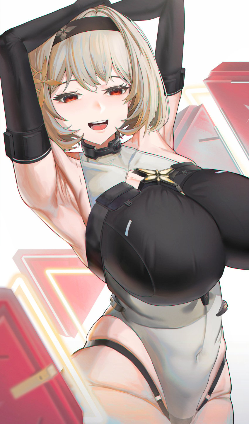 1girls absurd_res armpits arms_behind_head arms_up artist_request blonde_hair bobcut breasts cleavage empty_eyes female_only gloves goddess_of_victory:_nikke hair_ornament hairband huge_breasts leotard light-skinned_female navel open_mouth red_eyes red_shoes_(nikke) skindentation thighs