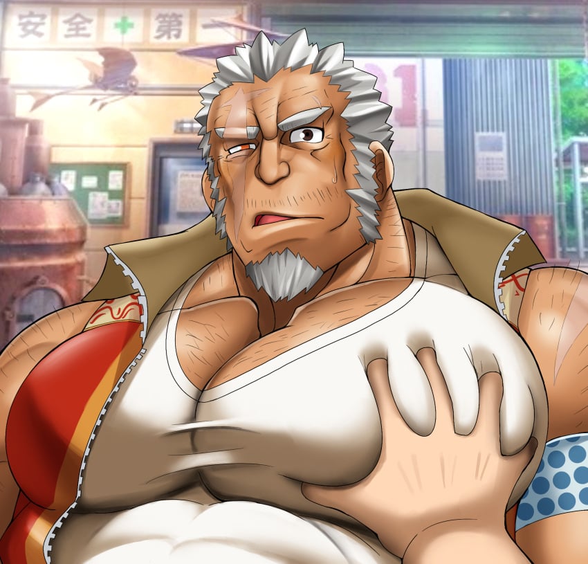 1boy 2022 bar_censor character_request chin_beard clothed dark-skinned_male dark_skin male male_only muscular muscular_male pec_squeeze scar_on_face solo sweatdrop tagme tokyo_afterschool_summoners white_hair youxing_sheng