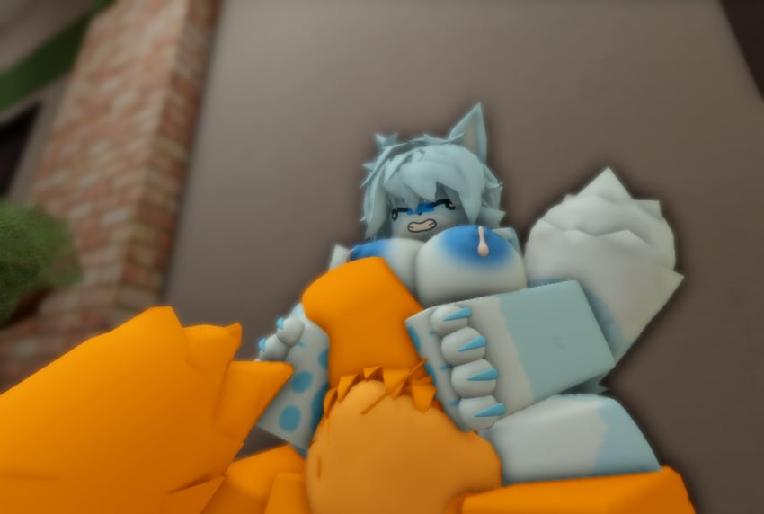 3d anthro big_breasts blue_nipples breasts bucket catte_(kaiju_paradise) cunnilingus eye_closed female furry ghost_fox_(kaiju_paradise) kaiju_paradise lactating male male/female ravenuwu roblox self_upload