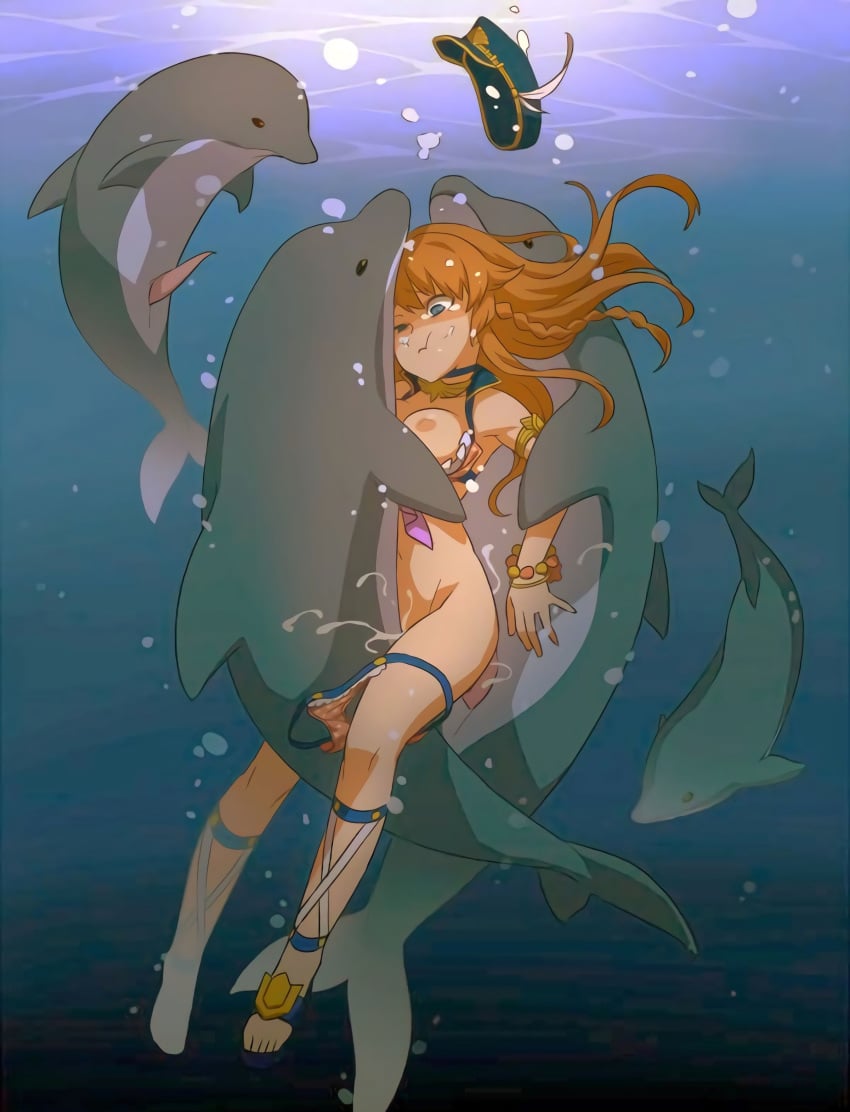 anal armlet asphyxiation bestiality bikini_top blue_eyes bracelet braid breasts brown_hair bubble clothing cum cum_in_pussy cum_inside dolphin double_penetration drowning female floating_hair from_behind gradient gradient_background granblue_fantasy hat jewelry lecia_(granblue_fantasy) long_hair male nipples one_eye_closed peaked_cap penetration rape sandals sex solo squemezzo underwater underwater_cum underwater_sex vaginal_penetration zoophilia