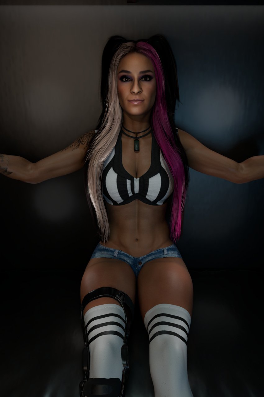 1girls 3d abs arm_tattoo blender dakota_kai denim_shorts enigmaj female female_focus female_only knee_brace kneehigh_socks long_hair looking_at_viewer multicolored_hair sitting tanned_skin tattoos wwe wwe_diva