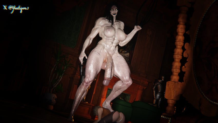 3d alcina_dimitrescu ashley_graham big_penis claws clothed_female foot_on_back full_body futanari glowing_eyes looking_at_viewer muscular_futanari nude_futanari resident_evil resident_evil_8:_village size_difference yeetiques