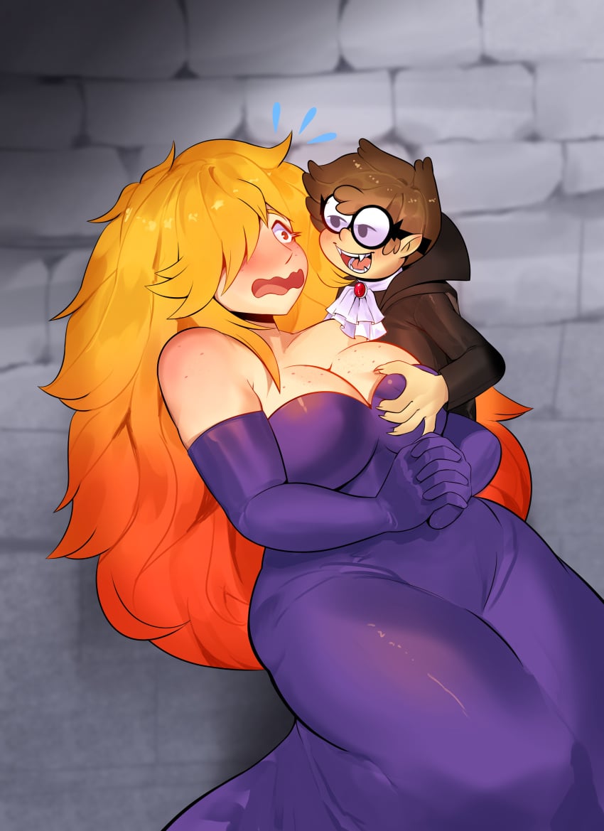 blush boob_grab boob_squish breast_grab breasts danscarf freckles hi_res large_hips nerd_(nerd_and_jock) nerd_and_jock_(webcomic) not_porn purple_dress red_hair sfw shiny_clothes shiny_skin simple_background thick_thighs tiger_(nerd_and_jock) vampire