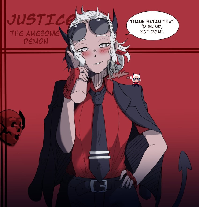 1girls blind buisness_suit business_attire business_woman demon demon_girl glasses gloves helltaker horns justice_(helltaker) necktie red_gloves red_shirt shades smile smiling smiling_at_viewer text_box text_bubble tie tinted_eyewear white_hair