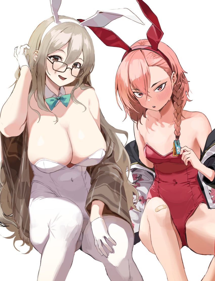 2girls absurd_res absurdres akane_(blue_archive) akane_(bunny)_(blue_archive) band-aid band-aid_on_leg bandaid bandaid_on_leg bare_arms bare_calves bare_chest bare_hands bare_hips bare_knees bare_legs bare_shoulders bare_skin bare_thighs belly belly_button blue_archive blue_bowtie blush blush_face blush_lines blushed_face blushing_at_viewer blushing_face blushing_female bowtie braid braided_hair braided_ponytail breasts brown_coat brown_eyebrows brown_eyes brown_eyes_female brown_hair brown_hair_female brown_jacket brown_topwear bunny_ears bunnysuit busty busty_female busty_girl busty_teen calves cleavage coat collar collarbone covered_areola covered_areolae covered_crotch covered_navel covered_nipples covered_pussy covered_vagina curvy curvy_body curvy_female curvy_figure curvy_hips curvy_teen dot_nose elbows embarrassed embarrassed_expression embarrassed_female exposed exposed_arms exposed_legs exposed_shoulders exposed_thighs fair_skin female female_only fingers flat_belly flat_breasts flat_chest flat_chested glasses glasses_on_face glasses_on_head gloves groin hair_between_eyes hairband hand_on_hair hand_on_head hand_on_leg hand_on_own_hair hand_on_own_head hand_on_own_leg hand_on_own_thigh hand_on_thigh head_tilt high_resolution highres hourglass_figure jacket kawa683 knees large_breasts lean_body lean_figure legs legwear leotard light-skinned_female long_hair looking_at_viewer mole mole_under_eye multiple_females multiple_girls narrow_waist navel neru_(blue_archive) neru_(bunny)_(blue_archive) open_coat open_jacket open_mouth open_mouth_smile open_topwear pale-skinned_female pantyhose parted_bangs parted_lips petite petite_body petite_breasts petite_female petite_girl pink_eyebrows pink_hair pink_hair_female ponytail red_bunny_ears red_bunnysuit red_eyes red_eyes_female red_hairband red_leotard red_topwear shoulders side_ponytail simple_background sitting skinny skinny_female skinny_girl skinny_waist slender_body slender_waist slim_girl slim_waist small_breasts smile smiley_face smiling smiling_at_viewer smooth_chest smooth_skin teen_girl teenage_girl teenage_girls teenager thick_thighs thighs thin_waist tilted_head tongue topwear upper_body upper_teeth v-line very_long_hair white_background white_bunny_ears white_bunnysuit white_coat white_collar white_gloves white_hairband white_jacket white_legwear white_leotard white_pantyhose white_topwear wide_hips