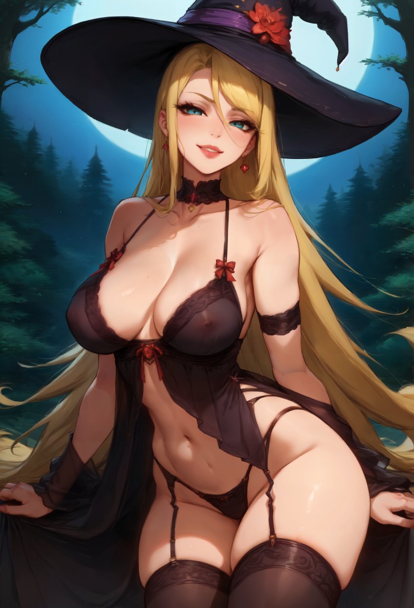 1girls absurd_res ai_generated bangs bare_shoulders big_breasts black_headwear black_panties black_thighhighs blonde_hair blue_eyes breasts choker cleavage covered_nipples earrings female garter_belt garter_straps hat highres jewelry large_breasts lingerie lips long_hair looking_at_viewer metroid moon navel neewai night nipples outdoors panties parted_lips samus_aran see-through smile solo stable_diffusion thighhighs thighs uncensored underwear very_long_hair witch witch_hat