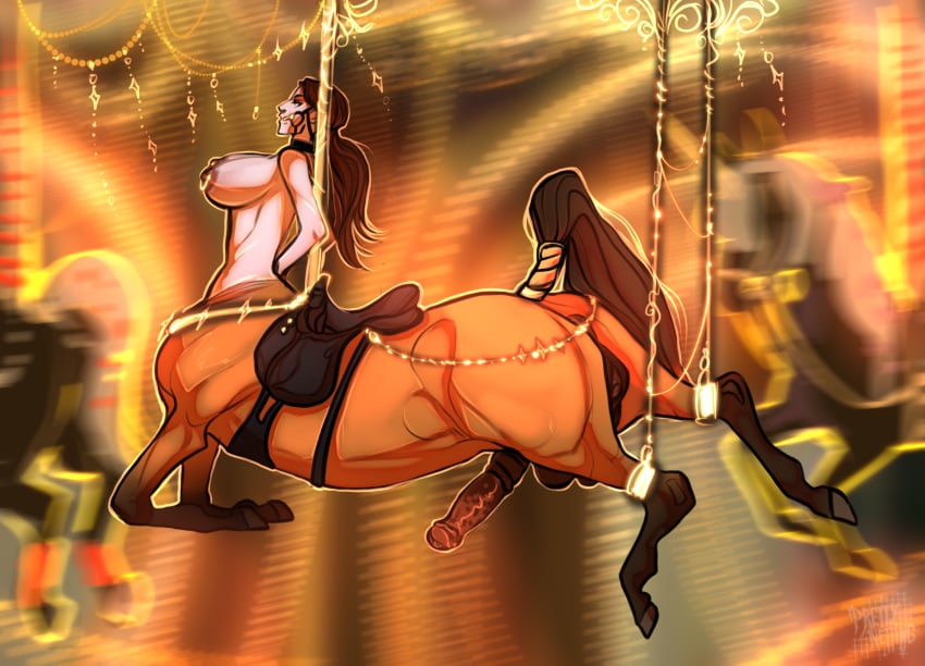 amusement_ride animal_genitalia animal_penis balls big_breasts big_penis bondage bound breasts bridle carousel carousel_horse carousel_pole centaur digital_media_(artwork) equid equid_taur equine equine_genitalia equine_penis erection european_mythology fur genitals georgia_coverette greek_mythology hair herm hi_res hooves horse humanoid_taur intersex mammal mammal_taur mythological_creature mythology nipples no_humans nude penis pole prettynetting pussy reins restraints saddle solo submissive tail taur