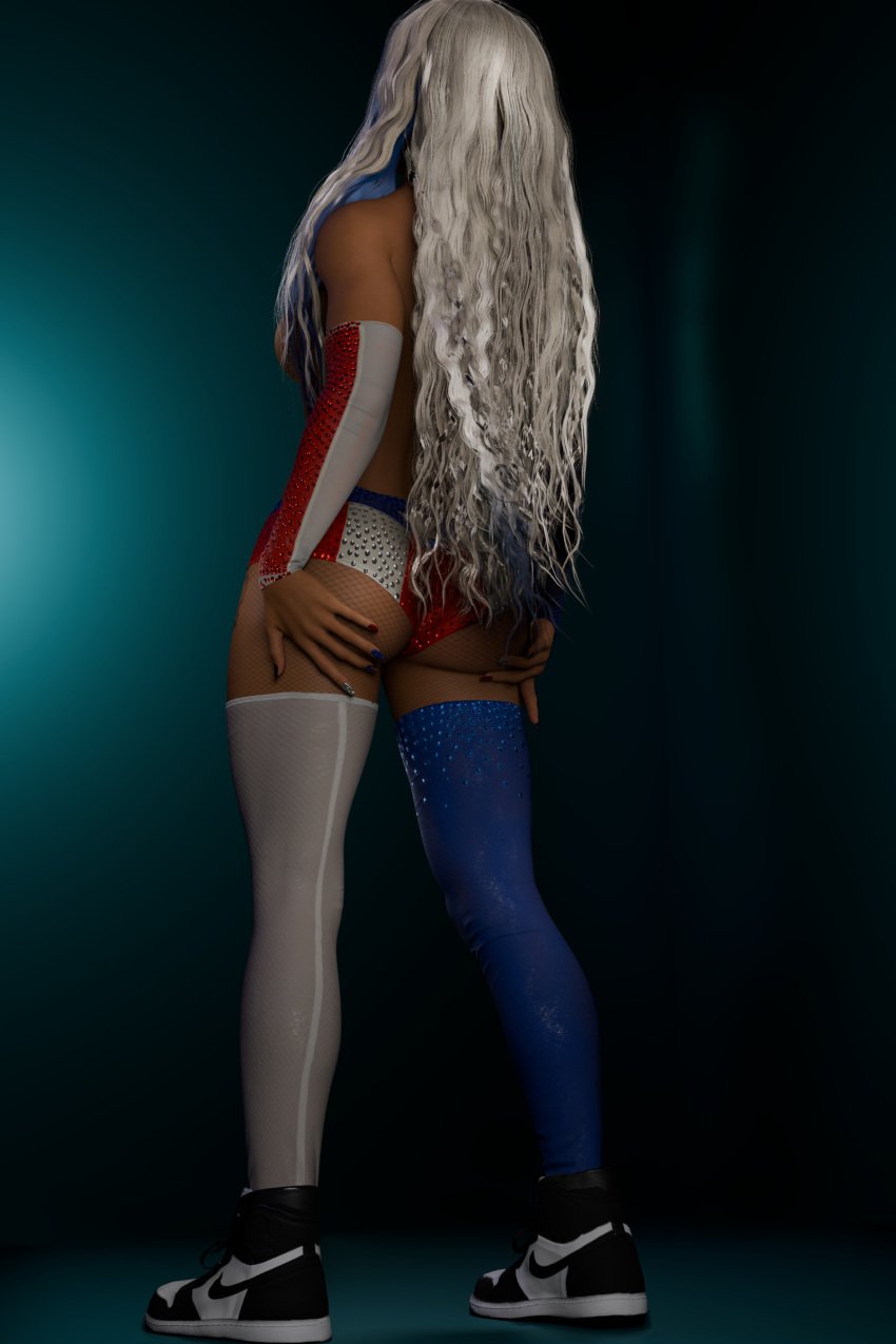 1girls 3d ass ass_focus back_view blender enigmaj female_focus female_only latina_female long_hair multicolored_hair solo_female tanned_skin thighhighs wwe wwe_diva zelina_vega