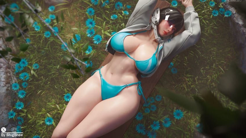 1girls 3d 3d_(artwork) alternate_version_available belly bhigbhee big_breasts black_hair blush bra breasts cameltoe cleavage clothing curvy female female_only flower helmet helmet_with_visor hi_res highres hips hoodie large_breasts lipstick looking_at_viewer looking_up lying lying_on_back makeup outdoors panties short_hair solo the_first_descendant thick_thighs valby_(the_first_descendant) voluptuous watermark