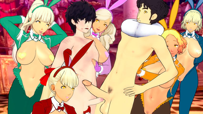 3d ann_takamaki bad_end big_breasts blonde_hair bunny_ears bunny_girl bunnysuit comparing_penis corruption curvaceous dark-skinned_female enemy_conversion gyaru haru_okumura humiliation joker_(persona) kasumi_yoshizawa koikatsu large_ass large_breasts lordem makoto_niijima netorare ntr pasties penis_humiliation penis_size_difference persona persona_5 ren_amamiya reverse_bunnysuit suguru_kamoshida sumire_yoshizawa tanned yellow_eyes