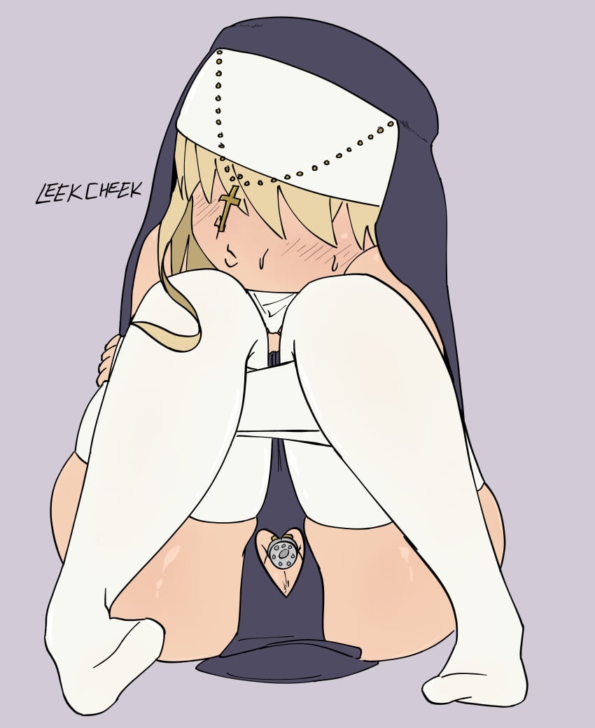 1boy ass big_ass blonde_hair chastity chastity_cage chastity_device cross crossdressing embarrassed femboy flat_chastity_cage hugging_knees hugging_legs hugging_own_legs knee_hug large_ass leekcheek male_nun nun original shy sitting solo_focus solo_male thick thick_ass thighhighs thighs timid