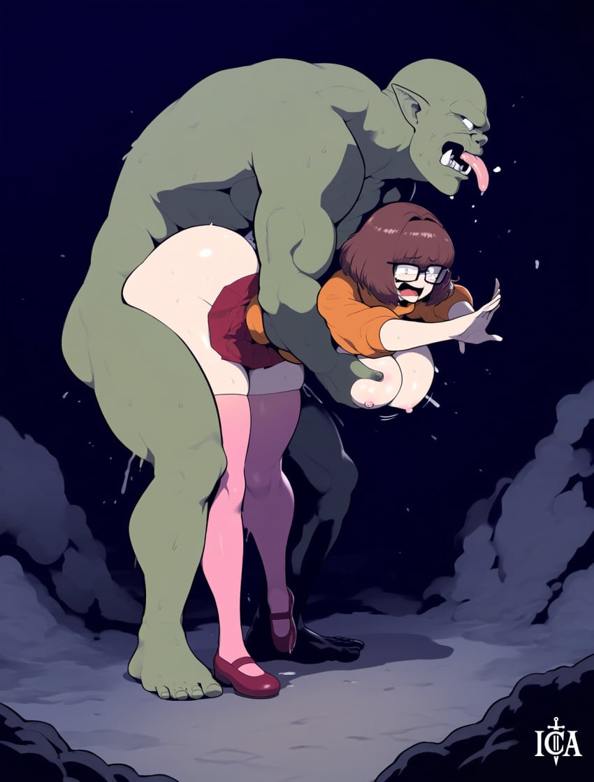 ai_generated bouncing_breasts crying from_behind_position gigantic_ass grabbing_breasts grabbing_from_behind highres huge_ass huge_breasts ironcladart milf monster rape red_hair scooby-doo short_hair size_difference thick_thighs velma_dinkley wide_hips