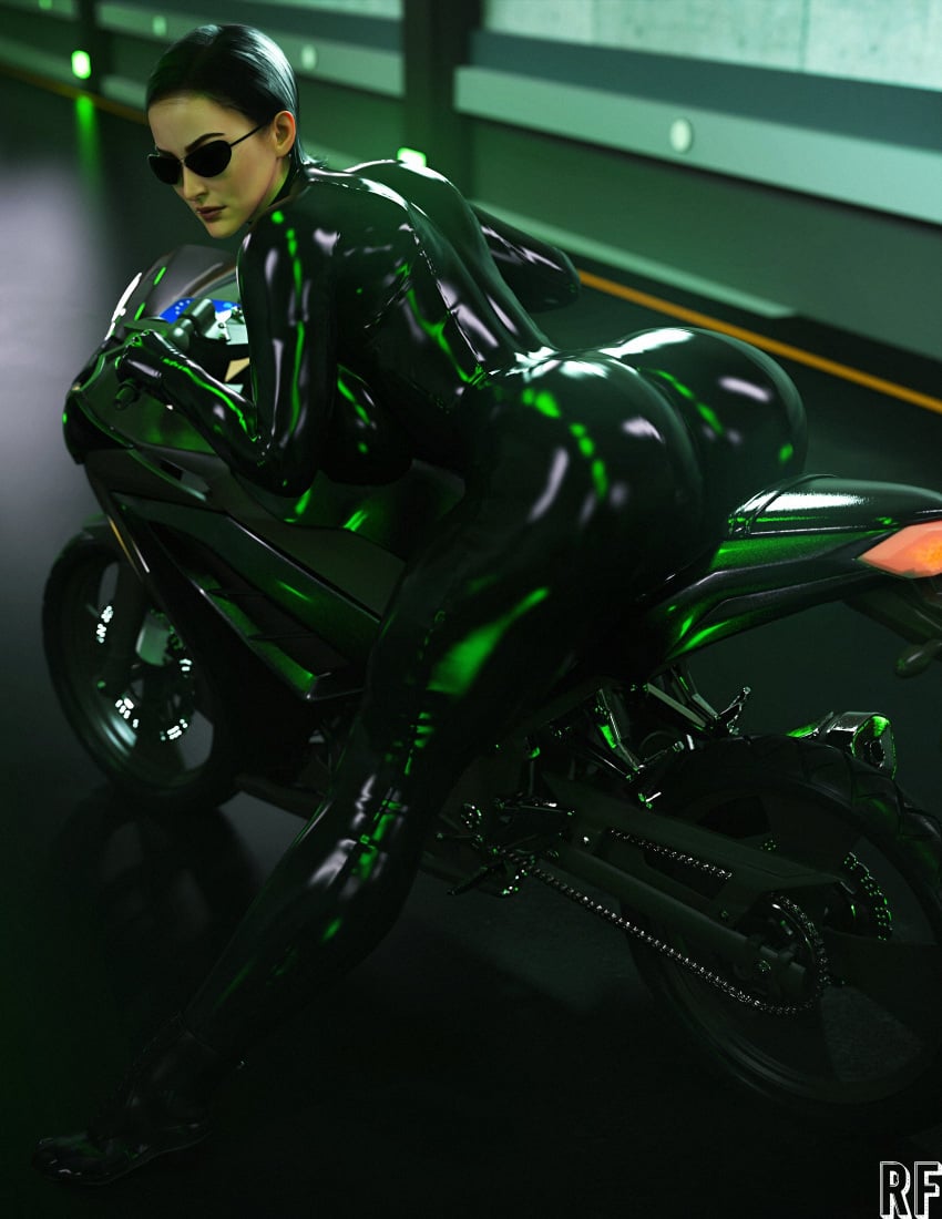 1girls 3d ass ass_focus black_hair bodysuit looking_at_viewer motorcycle rude_frog sunglasses the_matrix