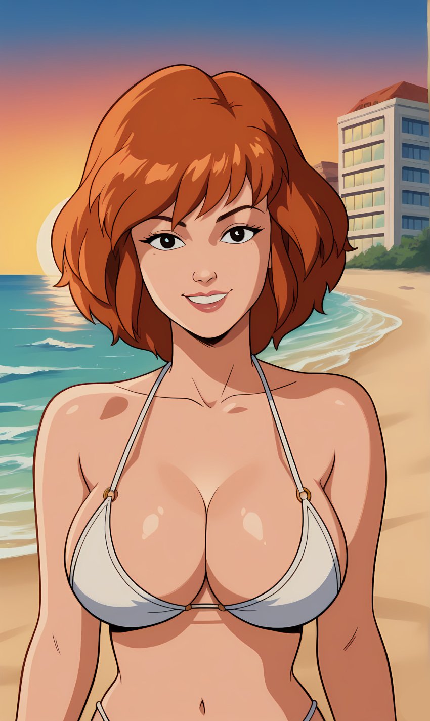 ai_generated april_o'neil april_o'neil_(tmnt_1987) beach belly_button bonnieaiart bra breasts brown_hair cleavage in_her_twenties large_breasts mature_female sexy smile ta-tas wavy_hair white_bikini