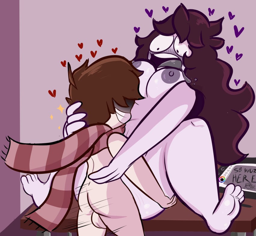 1boy 1girls alternate_breast_size big_breasts bigger_female blush breasts brown_hair desk dourlycare drawing_tablet feet female heart hearts_around_head holding jaiden jaiden_animations large_breasts larger_female long_hair male male/female nipples nude nude_female scarf scarf_boy sex sex_on_desk short_hair size_difference small_dom_big_sub smaller_male soles straight tablet testicles vaginal_penetration white-skinned_female youtube youtuber