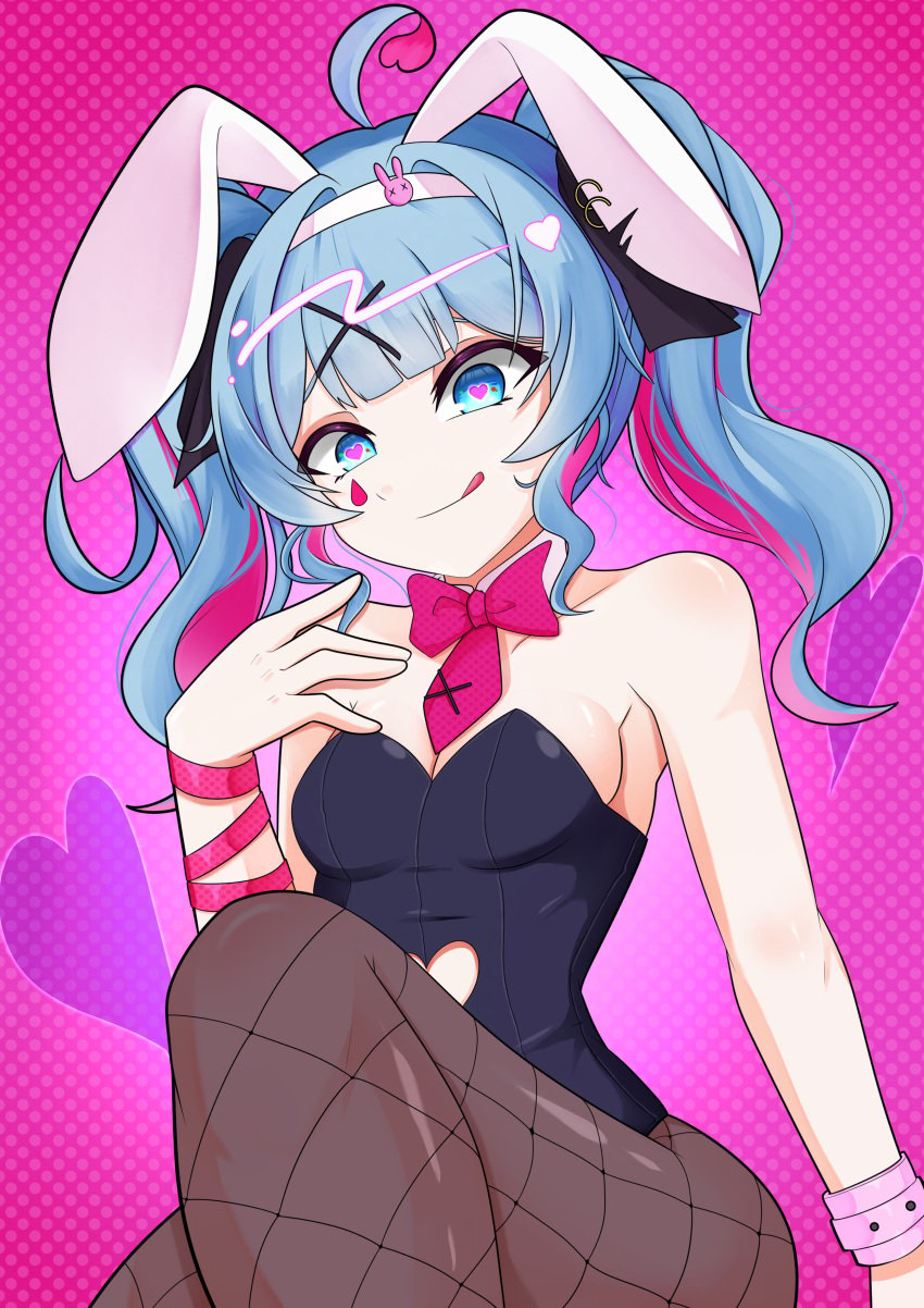 arm_ribbon blue_eyes blue_hair bowtie breasts female_only fishnets hatsune_miku heart-shaped_pupils heart_cutout knee_up long_hair looking_at_viewer multicolored_hair necktie not_porn pantyhose rabbit_ears rabbit_hole_(vocaloid) red_ribbon sfw shionastter smile tongue_out twintails