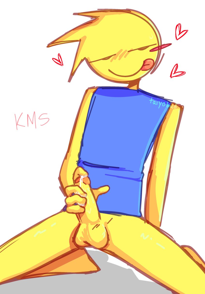 1boy 2d 2d_(artwork) 2d_artwork colored_sketch cum cum_on_hand cumming half_naked heart hearts_around_head legs_spread looking_at_viewer male_only masturbating masturbation noob_(roblox) roblox robloxian simple_background solo solo_focus solo_male tongue_out yellow_body yellow_skin