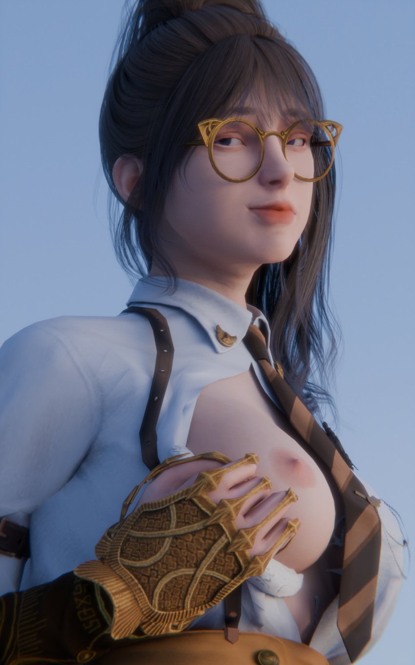 1girls 3d bdo black_desert black_desert_online blender bra_pull brown_hair collared_shirt female_focus glasses ingame_model notablyfishy open_shirt purple_highlights scholar_(black_desert) smirk smirking_at_viewer solo_female suspenders tie tied_hair violet_eyes