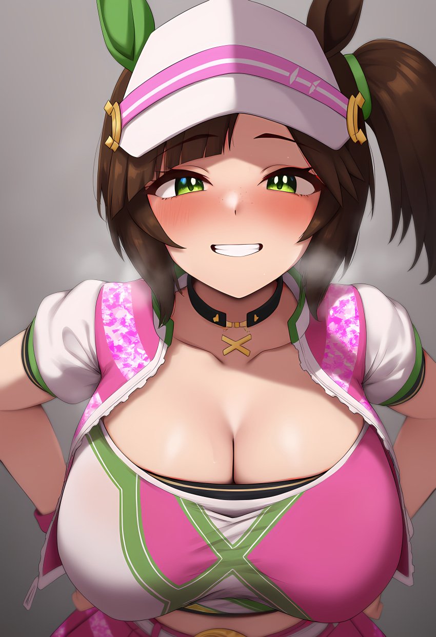 ai_generated animal_ears breasts brown_hair cap cleavage costume female green_eyes horse_girl ines_fujin_(umamusume) looking_at_viewer side_ponytail umamusume umamusume_pretty_derby