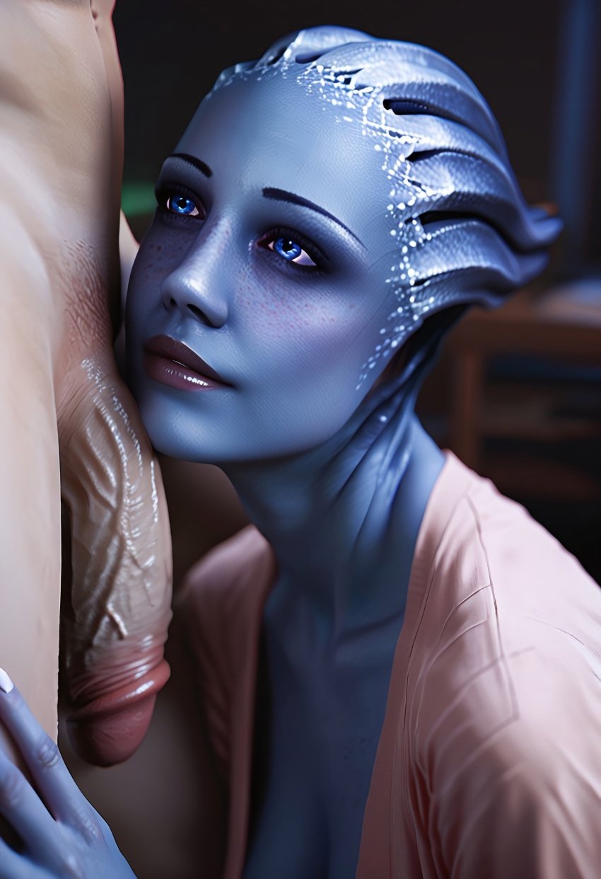 ai_generated alien asari blue_eyes blue_skin flaccid flaccid_penis liara_t&#039;soni mass_effect partial_male penis penis_on_face red_lipstick tagme