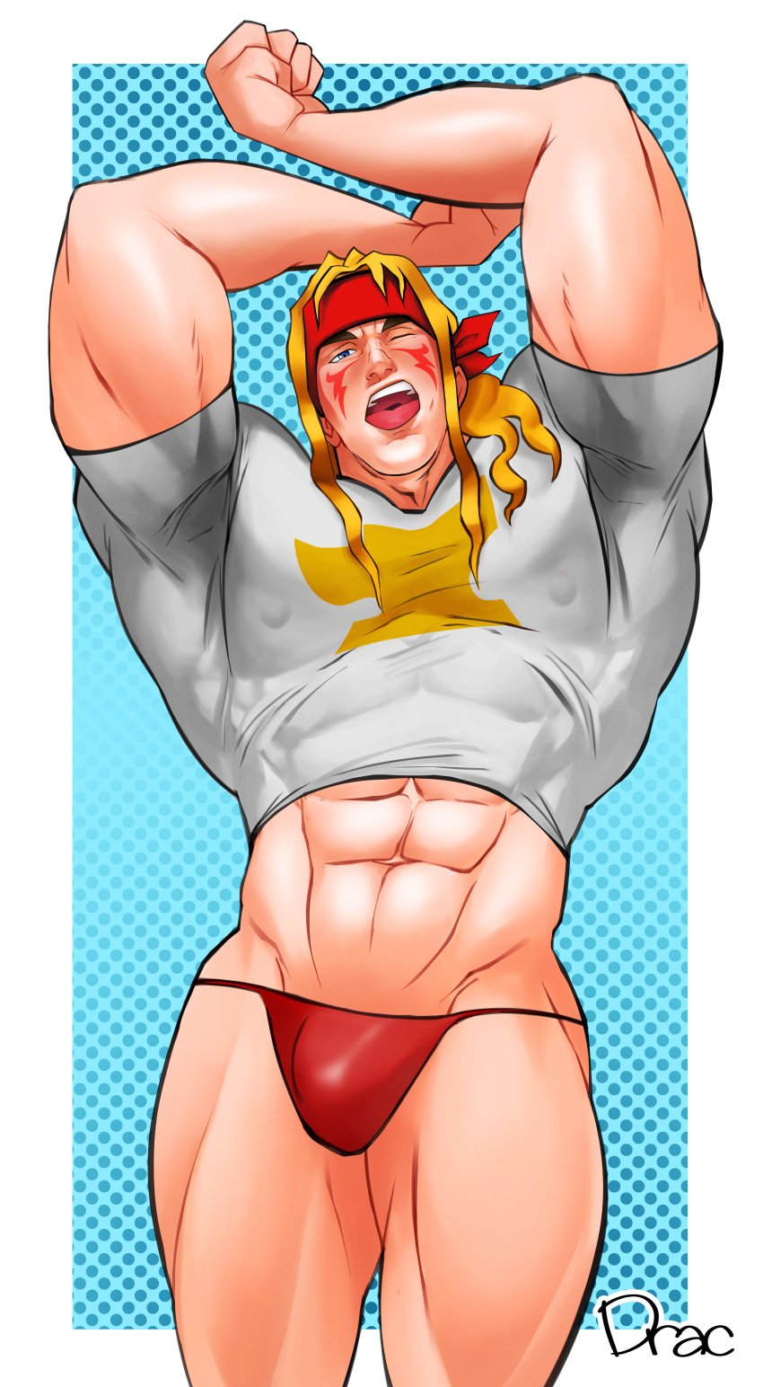 abs alex_(street_fighter) bara barazoku biceps bulge dracowel forearm_muscles human male male_only muscular muscular_male nipples nipples_visible_through_clothing obliques pecs red_thong red_underwear street_fighter thong