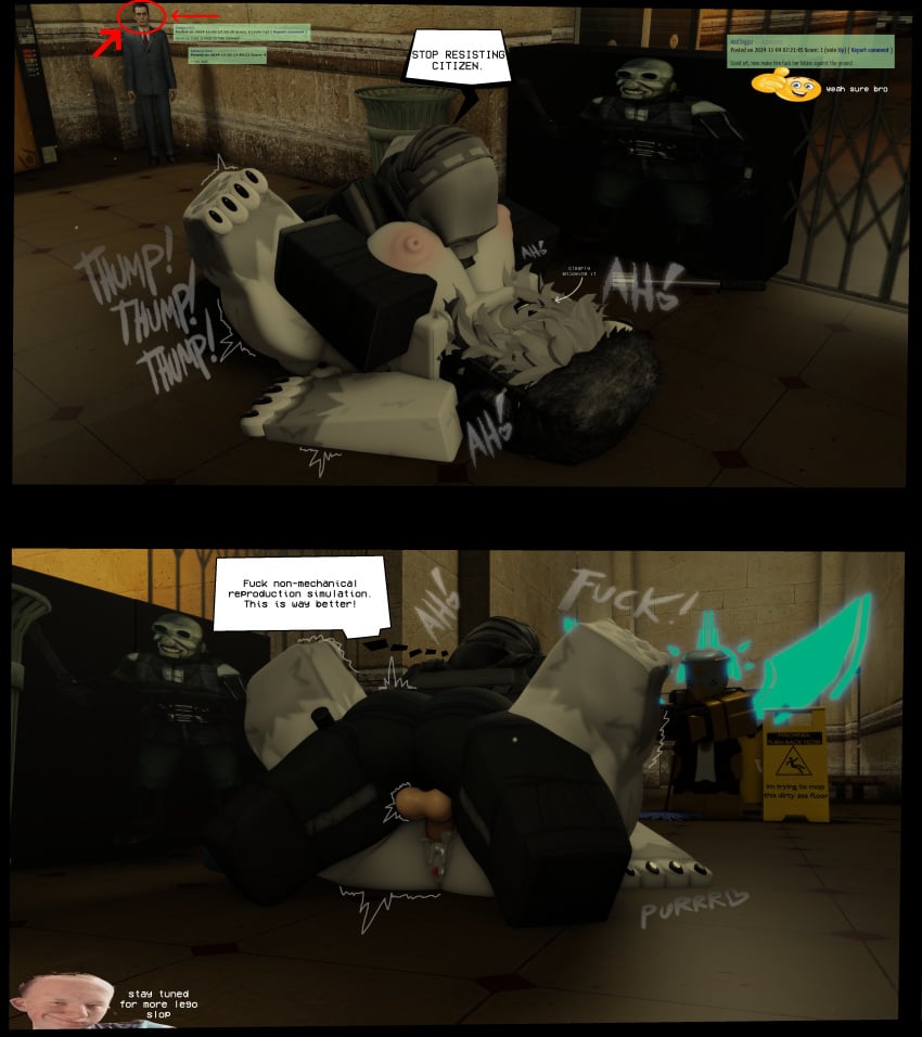 2_panel_comic 3d anthro big_sub_small_top cum cum_in_pussy english_text gman half-life_2 male/female mating_press metrocop roblox robloxian size_difference source_request tagme text what_in_the_fuck_is_this yttri